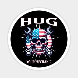 Hug Your Mechanic USA American Skull American Flag Wrench Tools Smiling Skull Face Magnet